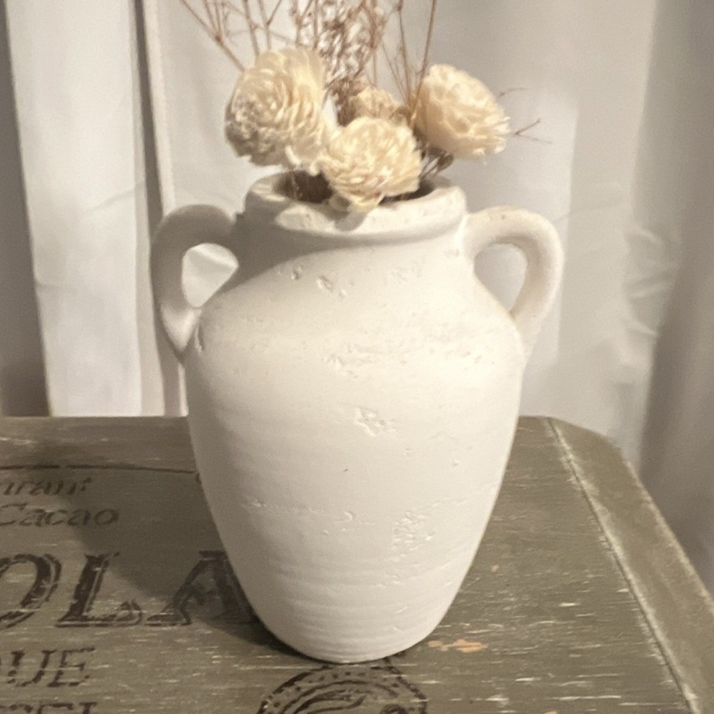 White Ceramic Two-Handle Flower Vase, Freestanding Adult Home Decor Accent